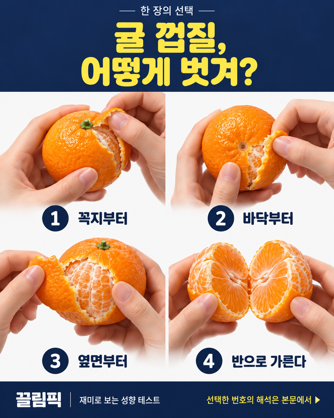 귤 껍질, 어떻게 벗겨? 선택지: 1번 꼭지부터, 2번 바닥부터, 3번 옆면부터, 4번 반으로 가른다