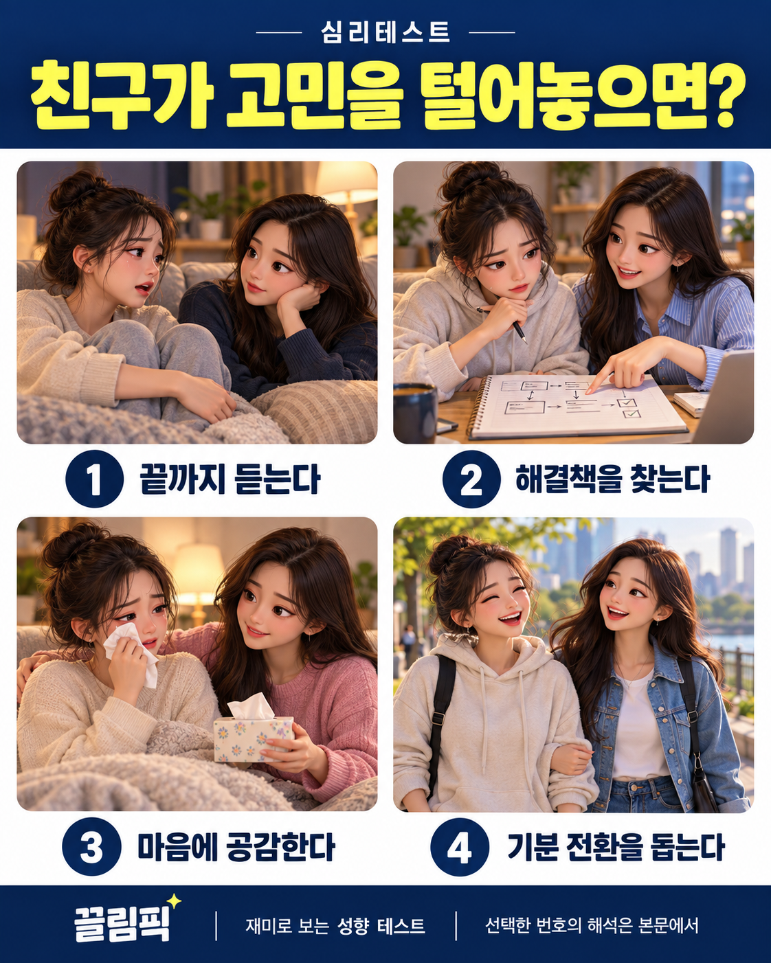 친구가 고민을 털어놓으면? 선택지: 1번 끝까지 듣는다, 2번 해결책을 찾는다, 3번 마음에 공감한다, 4번 기분 전환을 돕는다